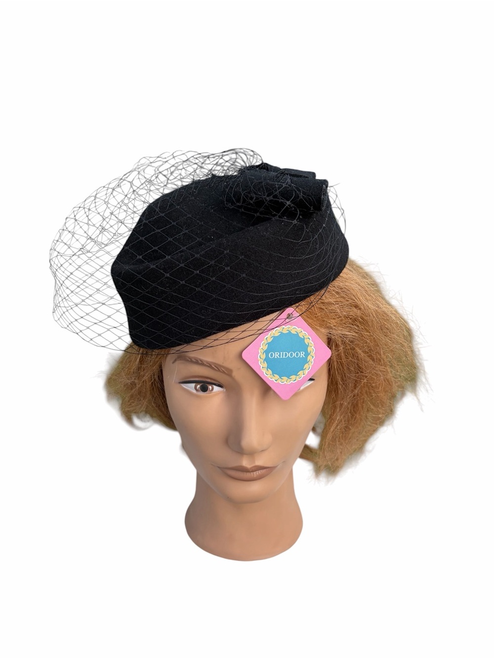 NWT ORIDOOR black retro felted wool cap with bow & veil net hair clips one size